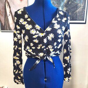 Long sleeve crop top with daisies and polka dots with waist tie